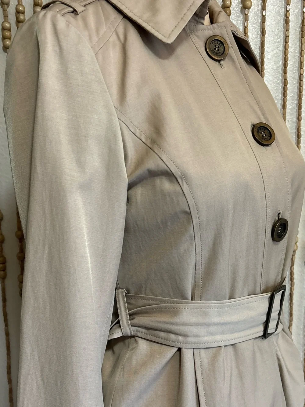 Y2K Vintage Guess Khaki Button Down Ruffle Hem Long Sleeve Belted Trench Jacket